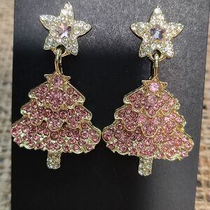 Pink Sparkle Christmas Tree Dangle Earrings 1.75 X 1"